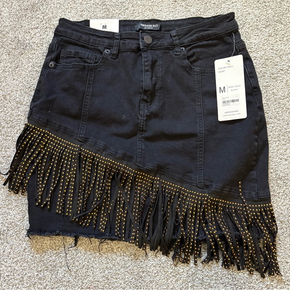 American Bazi Dresses & Skirts - American Bazi Y2K Grunge Gold Fringe Studded Western Black Mini Skirt